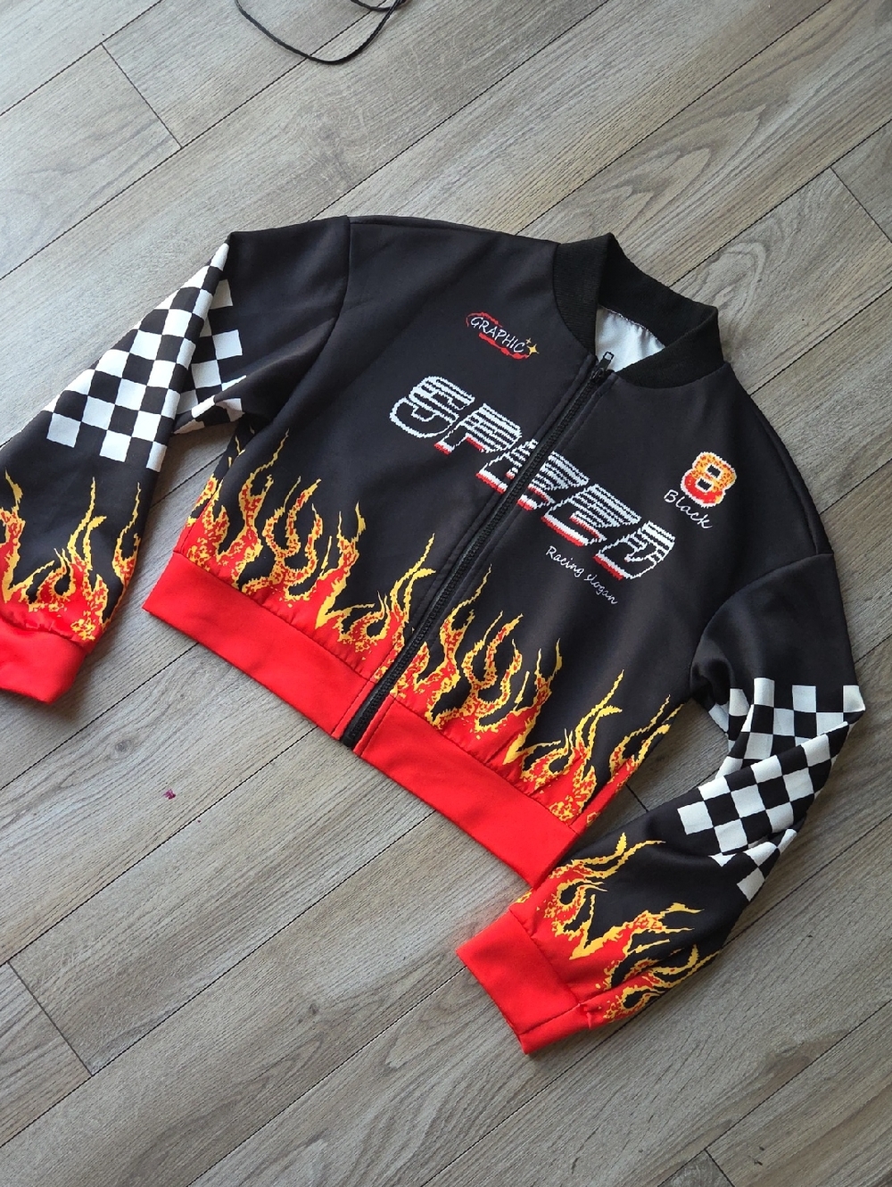 SHEIN Black Zip-Up Flame & Checkerboard Blazer Jacket XS